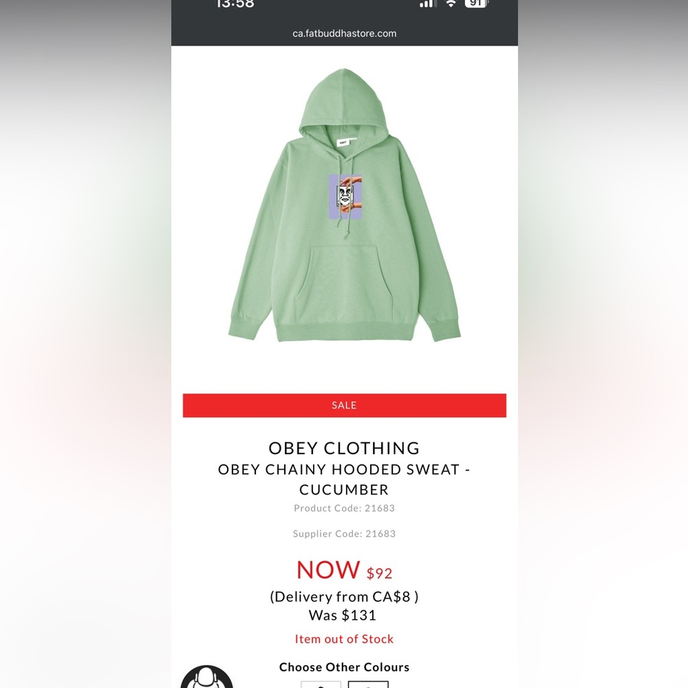 Obey Chainy Premium French Terry Hooded Sweatshirt colour cucumber